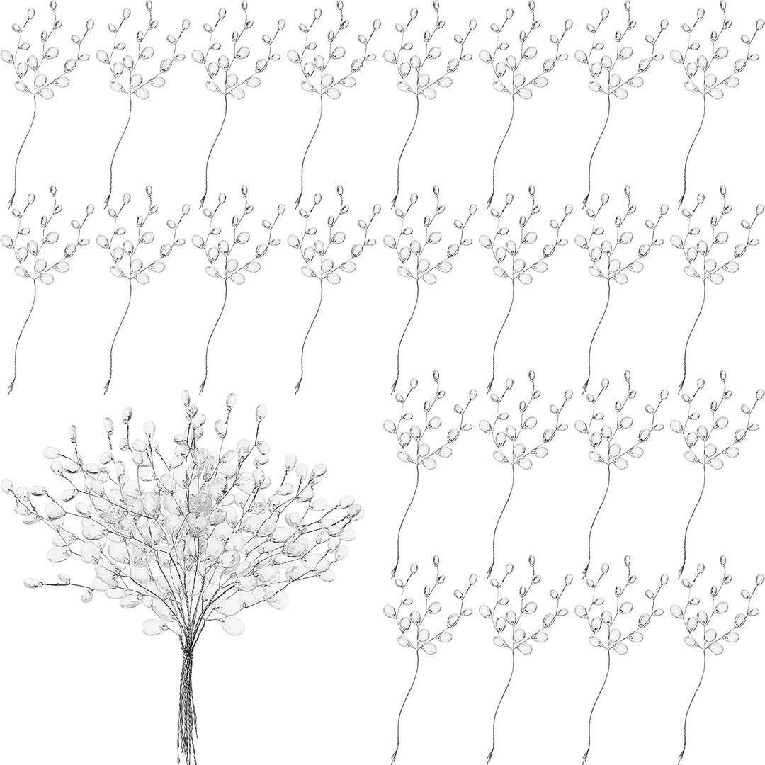Jetec 60 Pieces Artificial Bouquets with Acrylic Bead Drop Crystal Flower Stem Branches Beaded String Bridal Picks, Decoration for Wedding DIY Crafts (White)