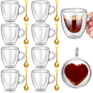 Nuogo 16 Pcs Heart Shaped Double Walled Glass Coffee Cups and Teaspoons Set Clear Mugs 2.8oz/80ml Heart Insulated with Handle for Milk Tea Juice Coffee Valentines Wedding Couples