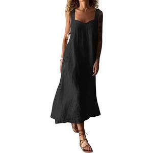chouyatou Women's Summer Spaghetti Strap Sleeveless Linen Overall Dress Casual A-Line Midi Long Beach Dress, Black, L