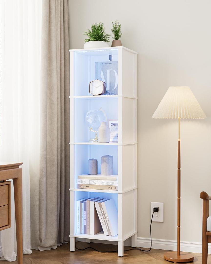 Bookshelf with LED Lights, Modern 4-Tier Bookcase, Open Storage Book Shelf, 11  14.2  50.4 Inches, Small Narrow Bookshelves for Living Room, Home Office, Bedroom, White