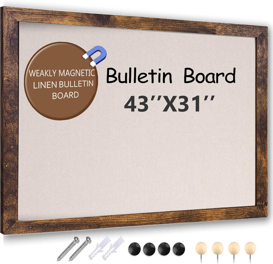 Large Magnetic Bulletin Board 43 x 31 Inch for Wall,Rustic Framed Cork Board with Linen for Home Office School,with 4 Push pins, 4 Magnets (Brown)
