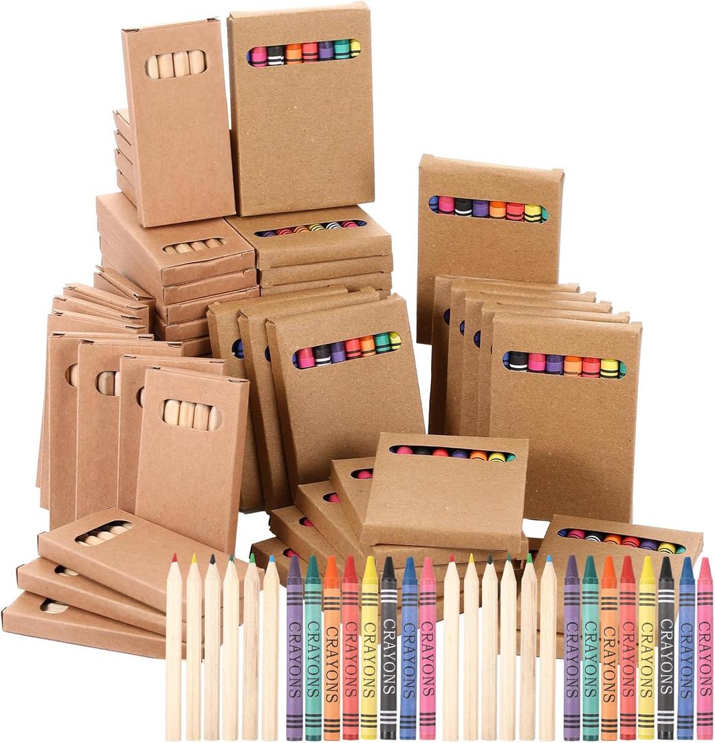 Dunzoom 60 Packs Crayons Colored Pencils Bulk Bundle Pencil Crayon Set 3.5 Inch Mini 6 Color Pencils 8 Color Crayons Mini Boxes in Kraft Box for Kids Classroom School Teacher Birthday Party Supplies