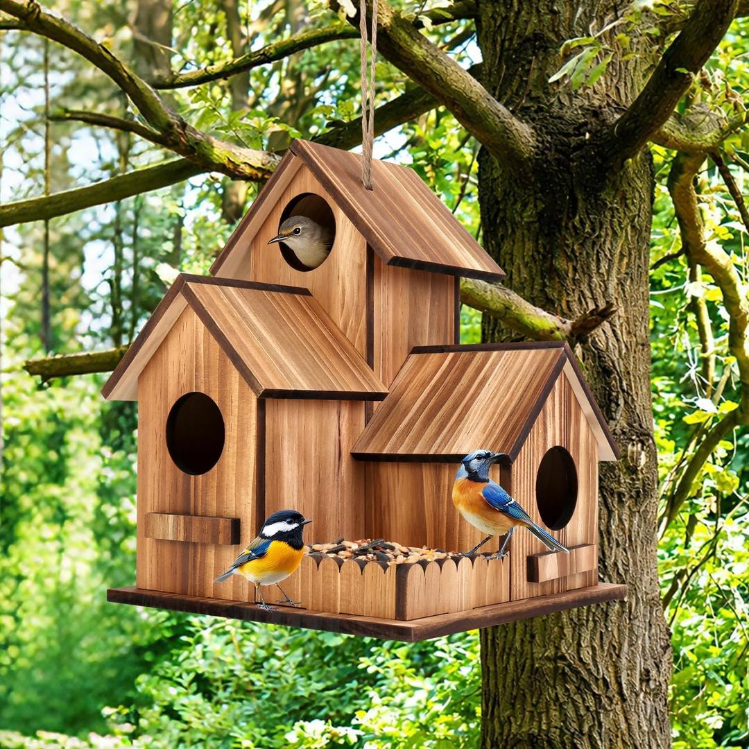 Bird Houses for Outside, Outdoor 3-Hole Large Birdhouse Bird Feeder for Bluebirds, Finches, Cardinals and Yellow Finches, Wooden Hanging Edible Wild Bird Nest Garden Decorative