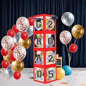 Graduation Decorations Class of 2025, Graduation Party Red Balloon Boxes with Letters GRAD, 2027 for Kindergarten High School College Grad Party Celebrations