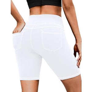 VOOVEEYA 5"/8" High Waisted Yoga Biker Shorts with Pockets for Women - Butt Lifting Workout Spandex Booty Gym Shorts (White, L)