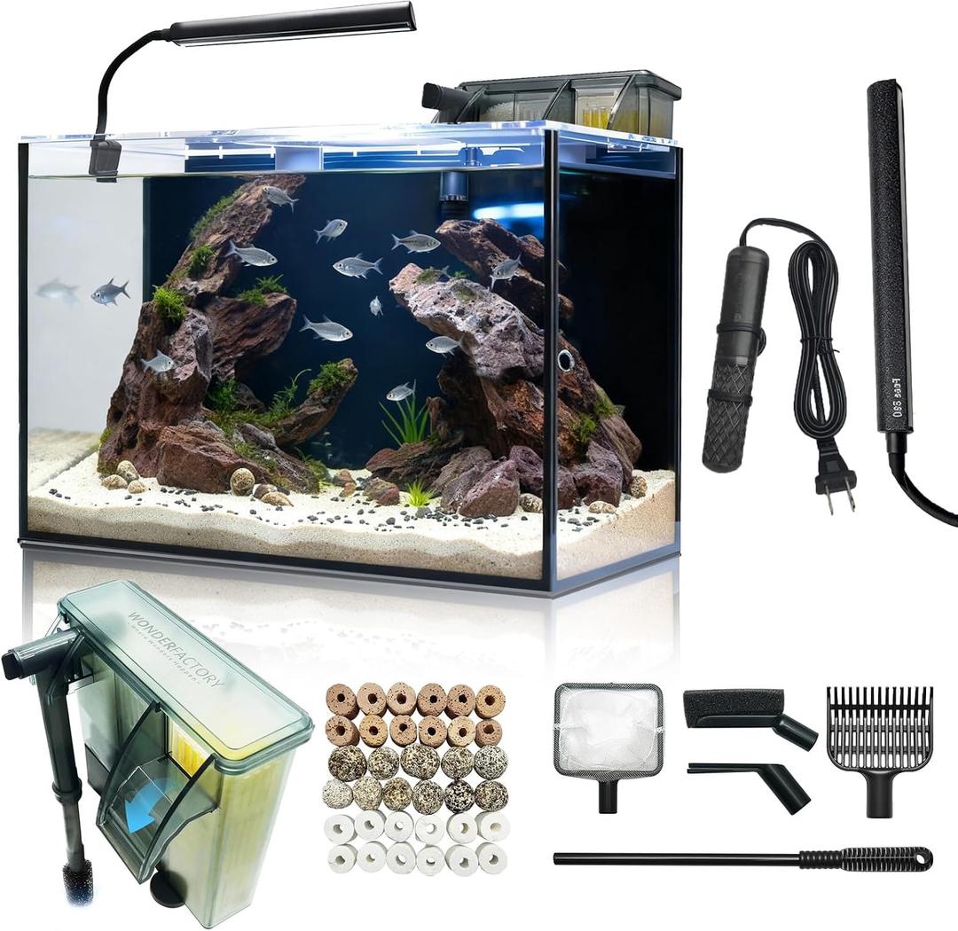 10 Gallon Aquarium Set Glass Fish Tank, Heater Self Cleaning System Filter with Media Bright Light Cleaning Tool, Leak-Proof Clear Rimless Betta Tropical Freshwater Fish