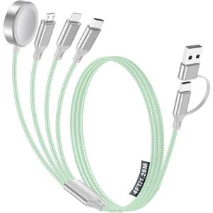4-in-2 Multi Charging Cable for Apple Watch Charger/iPhone/Galaxy Charger | Travel Essentials,Type C/Lightning/iWatch/Micro Charging Cable for Phone/iWatch Ultra/10-2/Airpods[1.5M]-Green