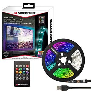 Monster 6.5 ft Multi-Color Sound Reactive LED Light Strip, Smooth Fit to Any Space, TVs, Computers, Kitchens, Bedrooms, Customizable Settings, Remote Control, USB-Powered, Easy DIY Installation