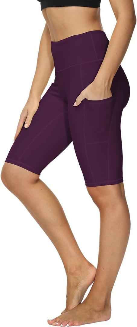 ALONG FIT Women High Waisted Biker Shorts Tummy Control Workout Yoga Shorts with Pockets Athletic Workout Running (Black, L)