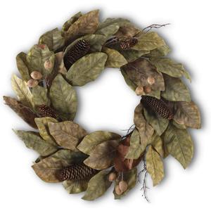 K&K Interiors 53441B 24 Inch Magnolia Pinecone and Nut Wreath, Green