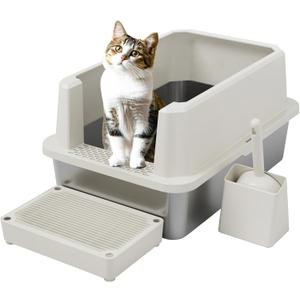 RIZZARI Open Cat Litter Box: Large Beige Stainless Steel Litter Pan 23.8" x 15.9" x 12.4" - High Sided Splash-Proof Easy Clean Toilet for Cats up to 20 lbs - Ideal for - Laundry Areas - Apartments