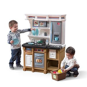 Step2 Lifestyle Custom Kids Kitchen Playset, Indoor/Outdoor Kitchenette, Interactive Play with Lights and Sounds, Made of Durable Plastic, 20 Piece Toy Accessories, Toddlers 2+ Years Old, Tan