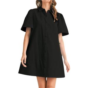 Womens Short Sleeve Button Down Mini Shirt Dress Lapel Collar Short Dresses with Pocket (Black, M)