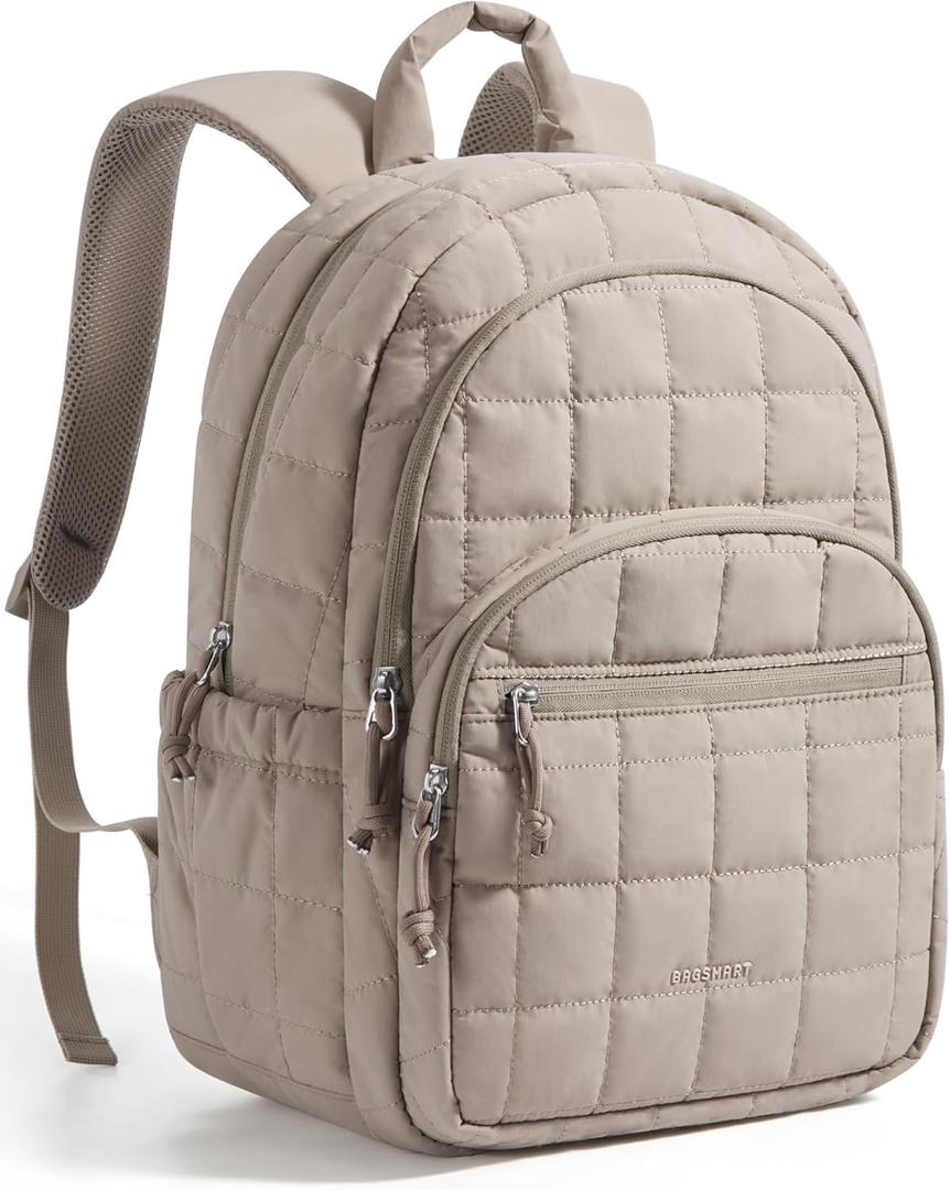 BAGSMART College Laptop Backpack, Travel Backpack for Women, Quilted Casual Daypack, Water-Resistant Bookbag for 15.6 Inch Laptop, Camel