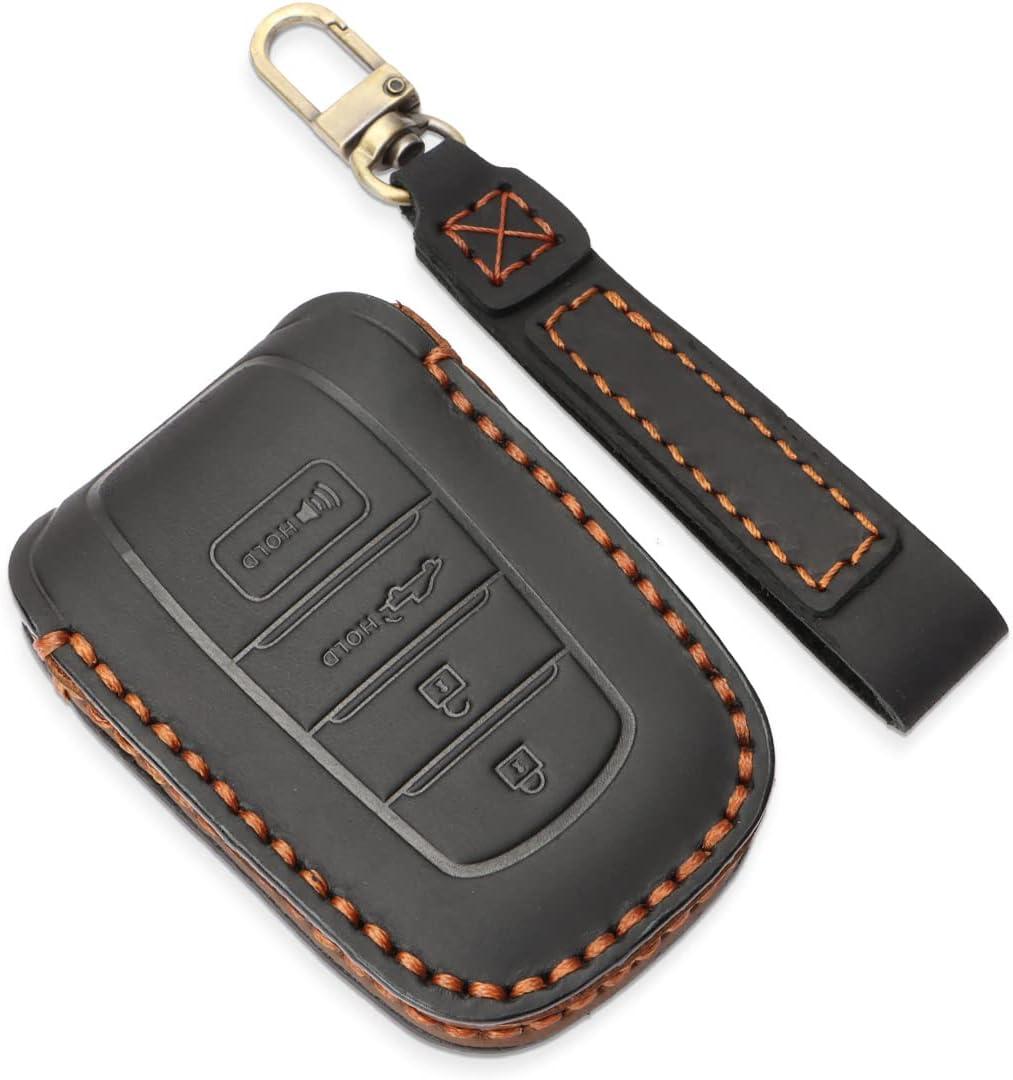 INTGET for 2022-2024 Toyota Tundra & Sequoia Key Fob Cover - Leather Case & Protector for Grand Highlander Accessories (Black, Brown Thread)