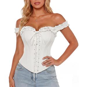 Scarlet Darkness Corset Tops for Women Lace Up Overbust Corset Ruffle Bustier Top (White, M)