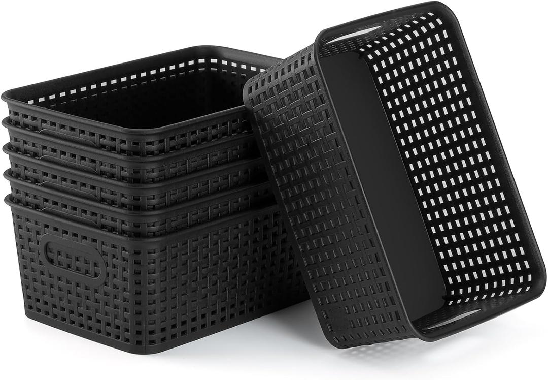 AREYZIN Plastic Storage Baskets Set of 6 Sturdy Small Organizer Bins Storage Baskets for Shelves,Closet,Countertops, Desktops, Cabinets and Badrooms,Black