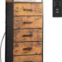 Nightstand 5 Drawer Dresser with Charging Station, Side Table with Fabric Drawers, End Table with Open Shelf, Tall Dresser for Bedroom, Hallway, Entryway (Rustic Brown)