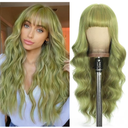 Matcha Green Wigs with Bangs Long curly wavy Wig for Women Natural Wig Wear and Go Synthetic Wigs for Daily Party Use 26IN
