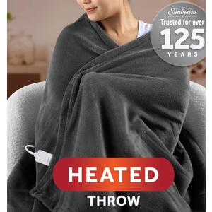 Sunbeam Electric Heated Throw Blanket Oversize Grey stone Microplush 4 Heat Settings