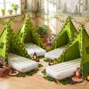 4 Sets Camp Teepee Tent Set Camping Party Tents Decorations Vbs Sunday School Backdrop Photography with Mattress Lights and Fake Vines for Camping Sleepovers Slumber Birthday Party Supplies, 47.24 x 47.24 x 55.12 inches