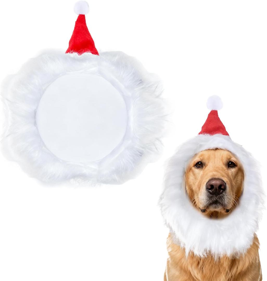 Heliltd Christmas Dog Santa Hat Collar Adjustable Large Dog Holiday Costume Soft Plush White Fur Neck Accessory with Red Hat for Christmas Festive Winter Photos Party Pet Dress Up