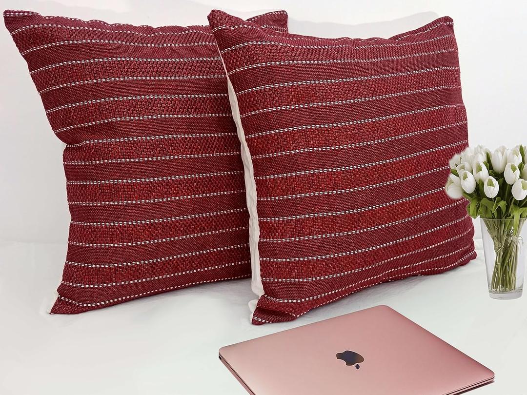 Decorative Throw Pillow Covers 18x18 Set of 2 Boho Farmhouse Cushion Cases for Couch Sofa Bed Living Room Modern Rustic Corduroy Look Pillow Case (Deep Red)