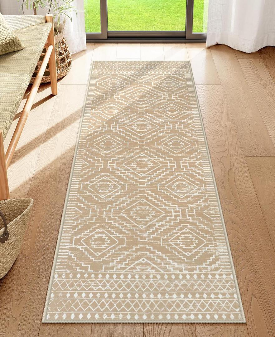 Wonnitar Washable Kitchen Runner Rug 2x6, Moroccan Runners for Hallway, Non Slip Bohemian Soft Bathroom Throw Mat Geometric Carpet Runner for Laundry Entryway Bedroom (Kakhi,2'x6')