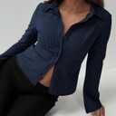 ECHOINE Women Button Down Shirts Long Sleeves Slim Fitted Casual Collared Blouses Work Striped Tops (Blue, M)