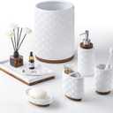 RQYIXI Elegant 6 PCS Ceramic&Wood Bathroom Accessories Set:Soap Dispenser, Toothbrush Holder, Tumbler, Soap Dish, Tray, Trash Can, Easy to Clean, Quatrefoil Pattern, White-Affordable Home Luxury