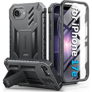 FNTCASE for iPhone 17e Phone Case: [Built-in Screen Protector & Kickstand] [Military-Grade Drop Protection] Heavy Duty Protective Full Body Shockproof TPU Rugged Protective Phone Cover Black