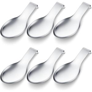 Nuanchu 6 Pcs Stainless Steel Spoon Rest Spatula Ladle Holder Spoon for Stove Top Heavy Duty Spatula Holder for Countertop Dishwasher Safe Utensil Rest for Kitchen, 3.8 x 9.6" (Silver)