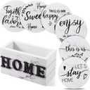 Queekay Coasters Set of 6 House Warming Gifts New Home Wooden Farmhouse Drink Coasters with Holder 4'' Funny Decoration for Kitchen Family Coffee Bar Tabletop Protection(White Marble)