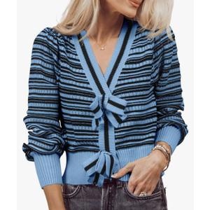 Saodimallsu Womens Striped Cropped Sweaters V Neck Cute Bow Tie Puff Sleeve Loose Knit Trendy Pullover Sweater