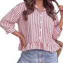 PRETTYGARDEN Striped V Neck 3/4 Length Sleeve Oversized Button Down Shirts for Women Ruffle Summer Tops Dressy Casual Blouses