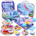 Auney Tea Set Toys for Girls 36pcs, Mermaid Pretend Play Gifts for Toddler Age 3-6, Kids Girls Toys Gifts for Party Time Including Carrying Case (Mermaid Toy)