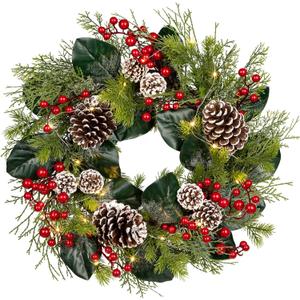 Christmas Wreath 20 Inch Outdoor Artificial Christmas Wreath with Red Berries and Flocked Pine Cones Xmas Wreath for Front Door Winter Holiday Christmas Party Decorations (20" Style#5)