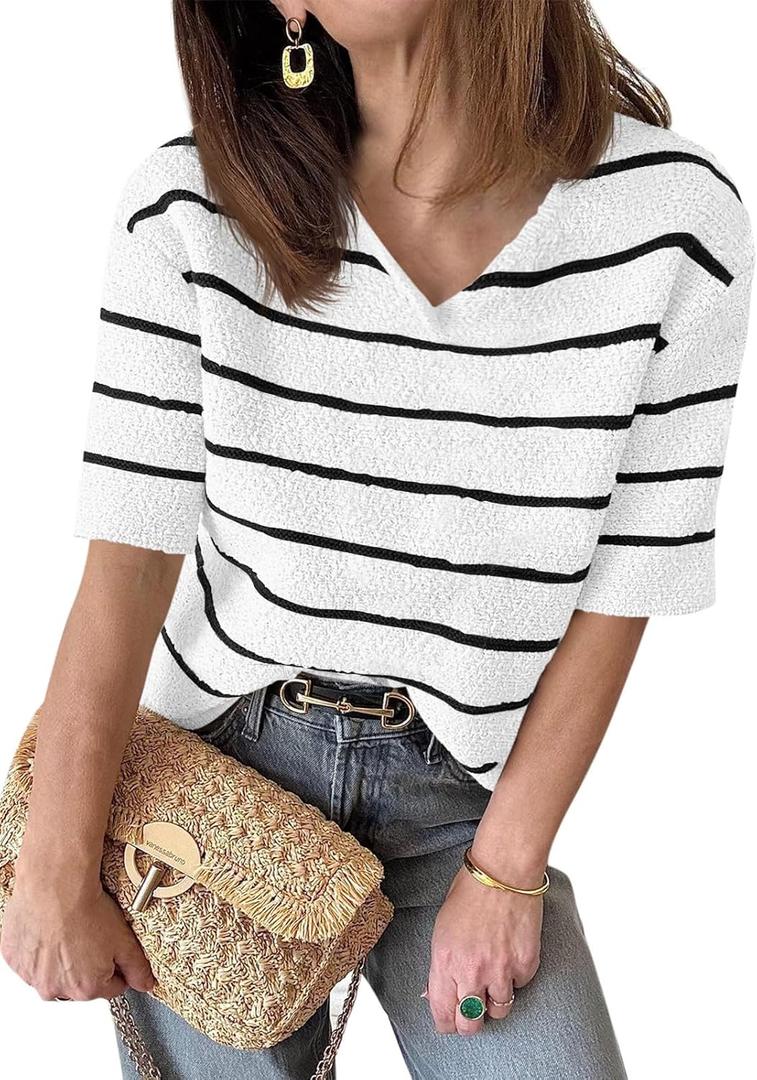 Saodimallsu Womens Summer Short Sleeve Sweater Tops Striped V Neck T Shirts Casual Loose Fit 2025 Trendy Knit Top (White)