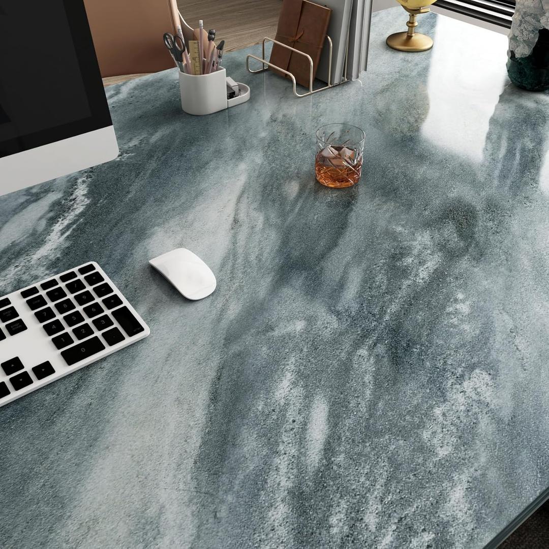 Stickyart 24"x160" Thick Grey Blue Marble Contact Paper for Countertops Peel and Stick Glossy Faux Gray Marble Wallpaper Removable Durable Granite Contact Paper Vinyl Roll for Cabinets Drawers Kitchen