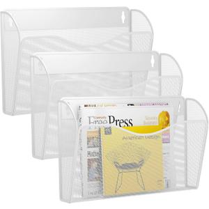 3 Single Pocket Wall File Holder, Mesh Hanging File Folder Paper Organizer, Vertical Wall Mounted Mail Basket, Storage Organization Magazine Rack for Office, Home and School, White