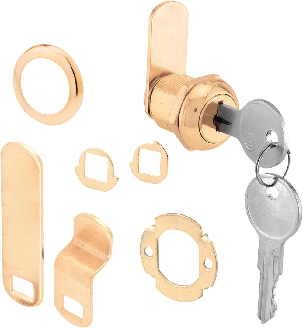 Prime-Line U 9942 Drawer and Cabinet Lock  Secure Important Files and Drawers, 5/8 in., Diecast Housing with Brass Finish, Fits on 5/16 in. Max Panel Thickness (1 Kit)