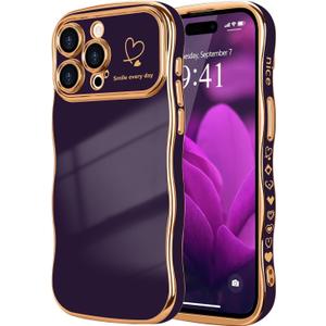 for iPhone 12 Pro Case, Cute Wave Frame Curly Shape Shockproof Heart Phone Cove for Women Girls Camera Protection Cover Luxury Plating Shockproof Phone Case for iPhone 12 Pro, Dark Purple
