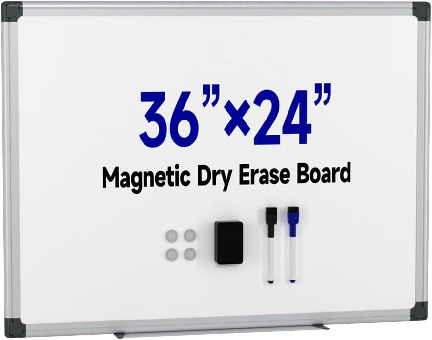 Magnetic White Board Hanging 36" x 24" for Wall, Dry Erase Board for Office, School, Home, Silver Frame, Includes Eraser, Markers, Magnets, Pen Tray