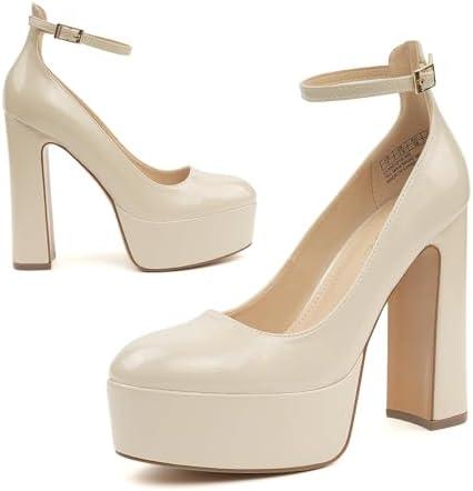 JENN ARDOR Platform Heels for Women Chunky Heel Closed Toe High Heels Block Heel Ankle Strap 9, Nude/Pu