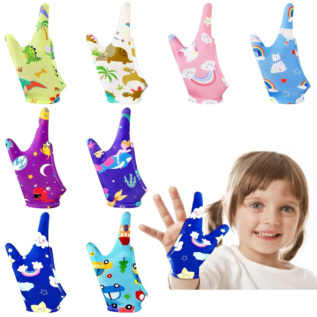 Janmercy 16 Pcs Thumb Sucking Stop for Kids Chewy Gloves Stop Breathable Thumb Guard for Nail Biting Gloves Cute Finger Sucking Stopper for Kids, 8 Style, 2 Finger(3-6 Years)