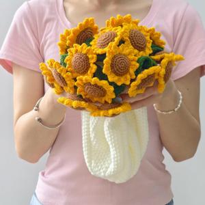 Crochet Sunflower Bouquet Blanket, Handmade Flower Blanket, 24 Inch Round Floral Knitted Gifts for Mother's Day, Birthday, Kids, Friend, Teacher,Home Decor, Sofa