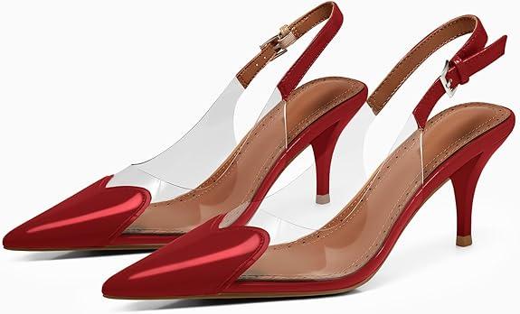 Women's Kitten Heels Clear Slingback Closed Pointed Toe Pumps Low Heel Dress Shoes Sling Back Comfortable Transparent PVC (9, Burgundy)