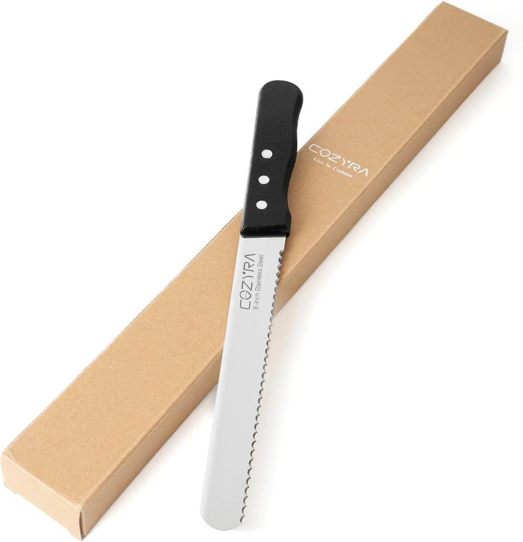 Wave Edge Black Precision High Carbon Stainless Steel Bread Knife - Ideal for Effortlessly Slicing Homemade Bread, Bagels, Pizza, and Cakes. (8 Inch)