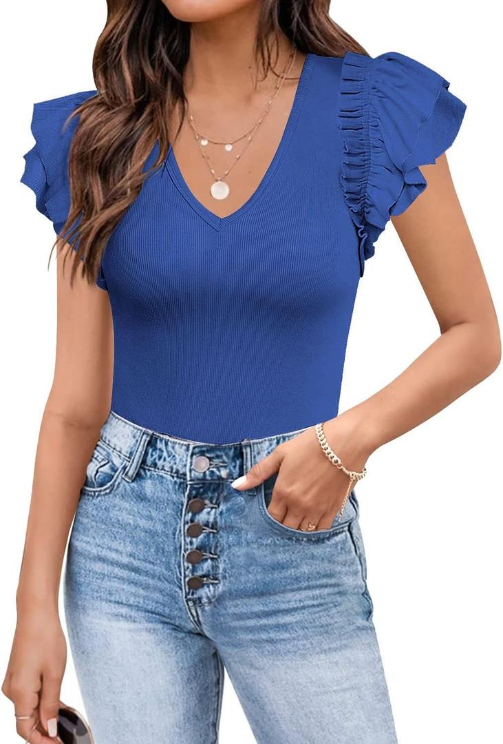 MISSJOY Womens V Neck Ruffle Short Sleeve Ribbed Slimming Basic Bodysuit Leotards Tops Blouses (Medium, Royal Blue)