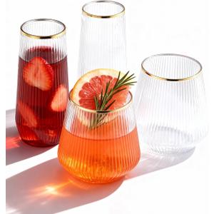 48 Pack Disposable Ribbed Origami Ripple Plastic Glasses Set - 24 9 OZ Stemless Champagne Flutes & 24 12OZ Cups, BPA-Free Shatterproof Clear Drinkware for Weddings, Parties & Events(Gold Rim)
